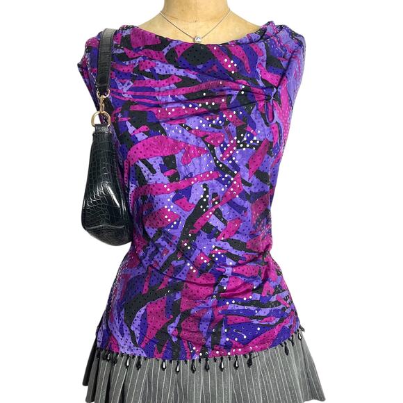 MSK Purple Pink Sequin Retro Top Beaded Tassels Size M - Picture 3 of 6